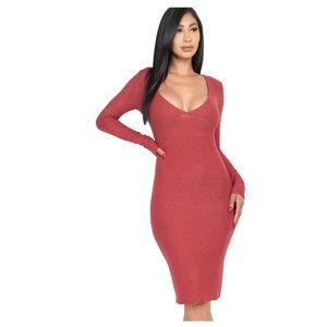 Knit V-Neck Midi Longsleeve Bodycon Dress
